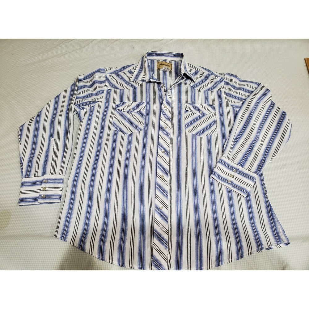 Wrangler Western Shirt XL Mens Blue Striped Silver Metallic Pearl Snap vintage
